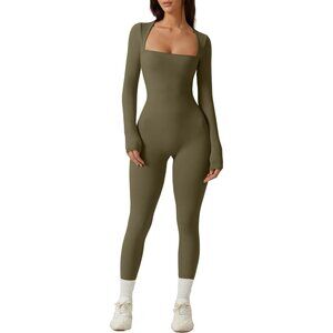 Women Army Green Sexy Neck Long Sleeve Full Length Legging Bodycon Jumpsuit